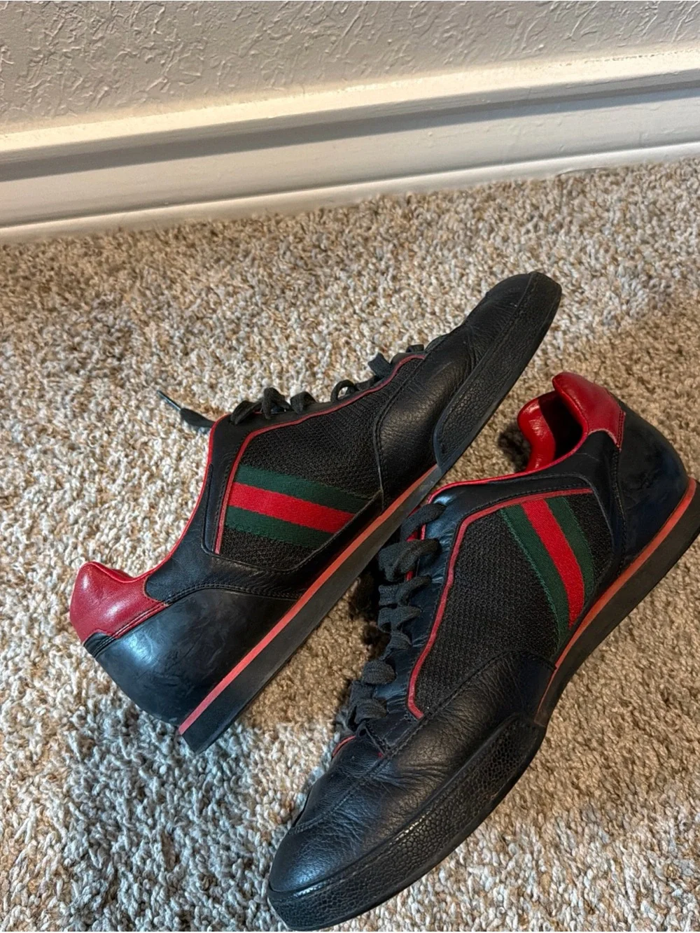 Gucci Black Leather Sneakers with Red Trim and Green Stripe